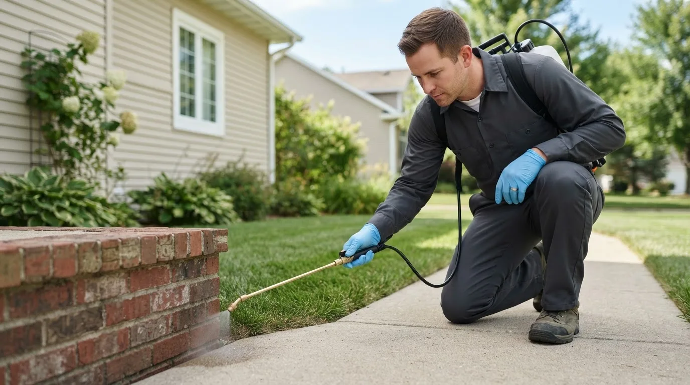 Pest control technician treating a home near Yukon, MO